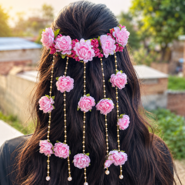 Pink Floral Hair Vine with Pearl Tassels