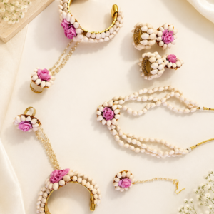 White Mogra Shell Pink Floral Jewellery Set