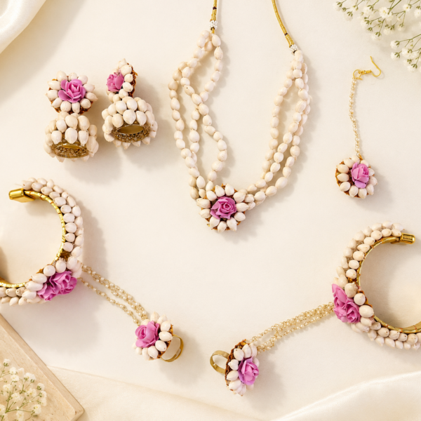White Mogra Shell Pink Floral Jewellery Set
