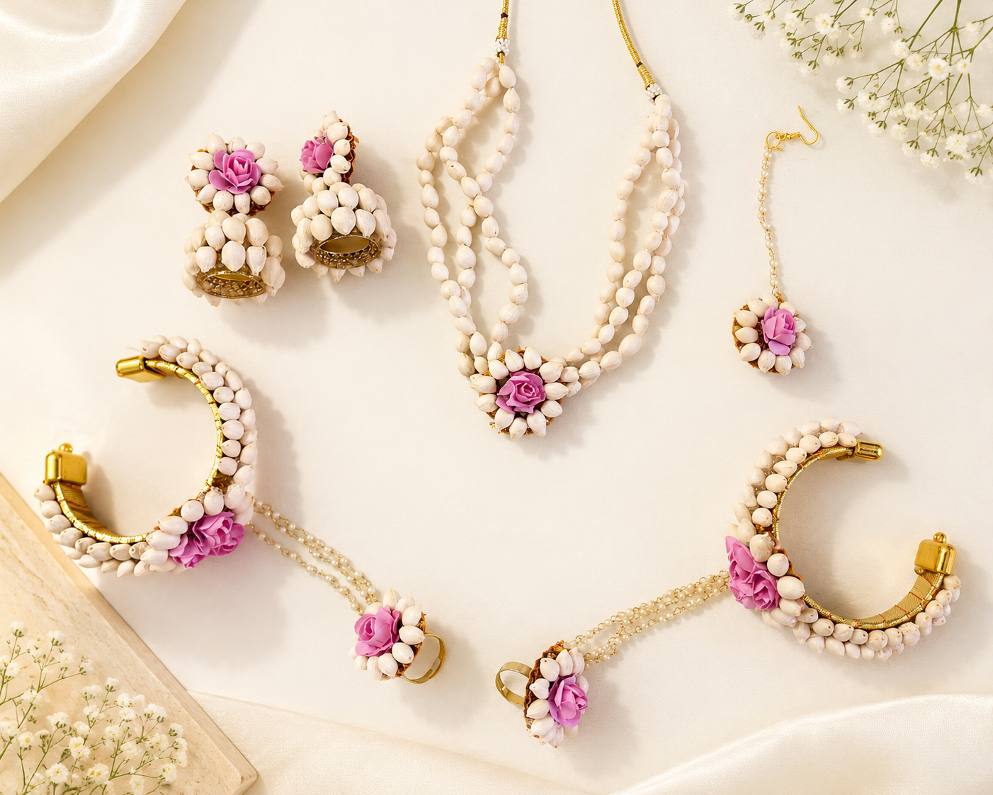White Mogra Shell Pink Floral Jewellery Set