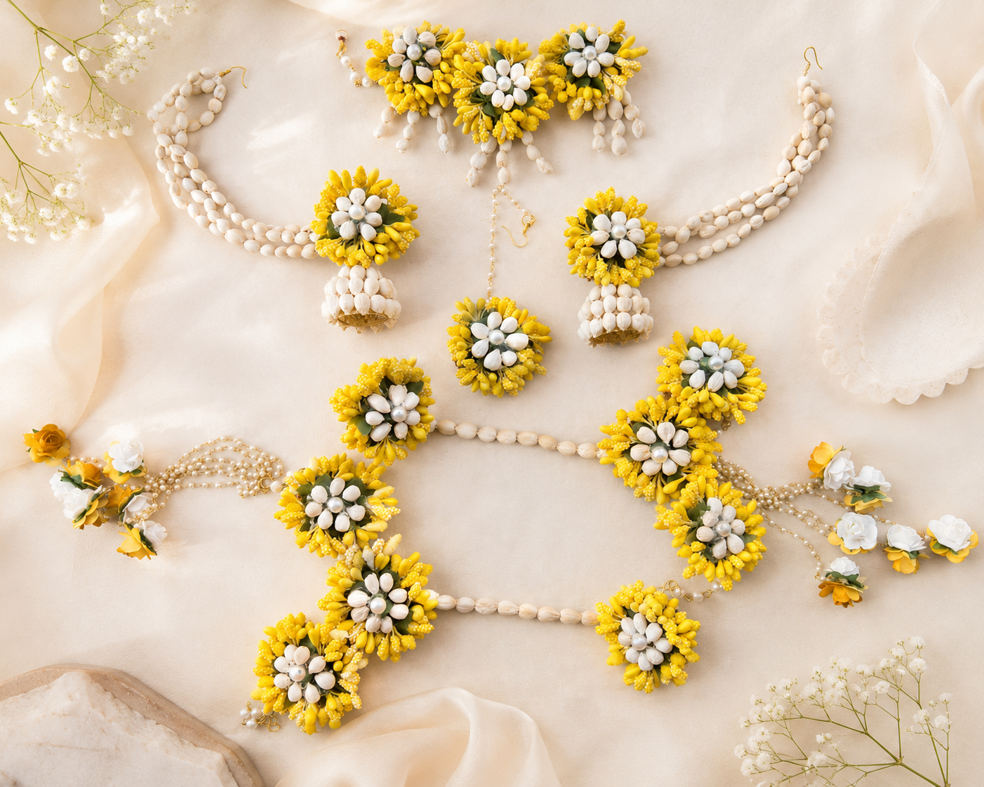 Yellow Mogra Shell Floral Jewellery Set
