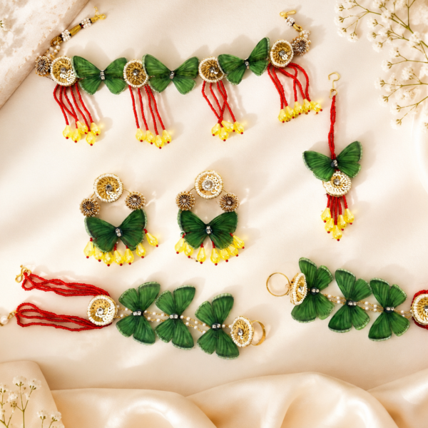 Green Butterfly Red Sequence Floral Jewellery Set