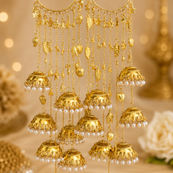 Personalized Golden Bridal Kalire with Pearl Jhumki Charms