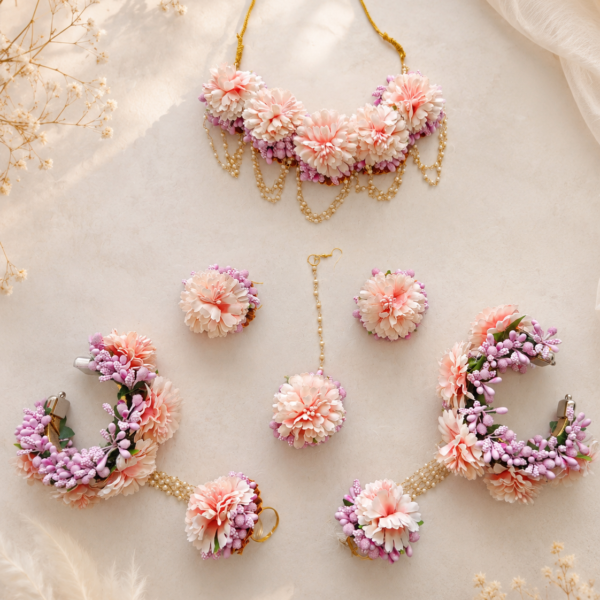 Peach Pink Floral Haldi Jewellery Set