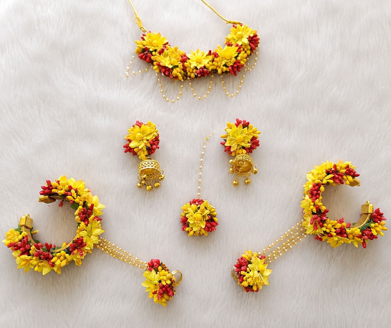 Yellow & Red Haldi Floral Jewellery Set