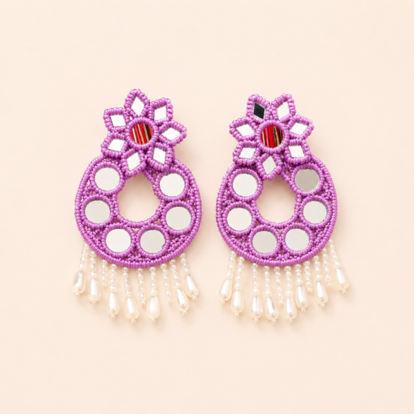 Purple Mirror Work Pearl Tassel Earrings