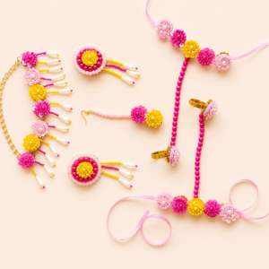 Pink Yellow Floral Beads Jewellery Set