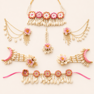 Pink Floral Cowrie Bridal Jewellery Set