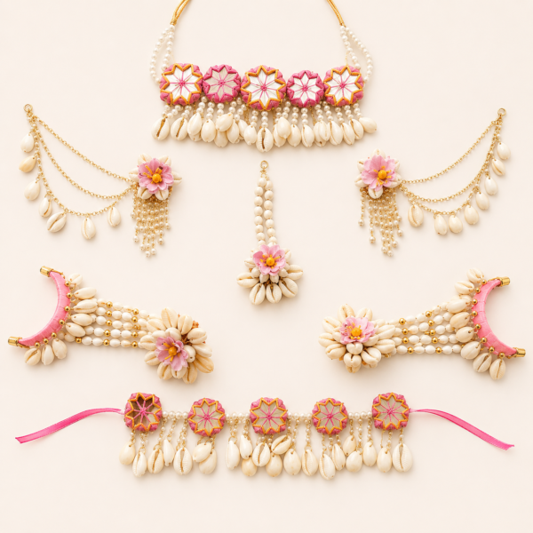 Pink Floral Cowrie Bridal Jewellery Set