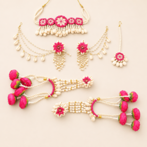 Hot Pink Floral Cowrie Bridal Jewellery Set