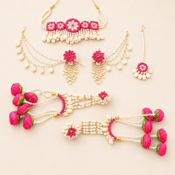 Hot Pink Floral Cowrie Bridal Jewellery Set