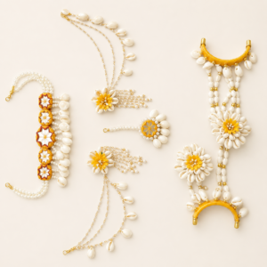 Golden Yellow Cowrie Shell Floral Jewellery Set