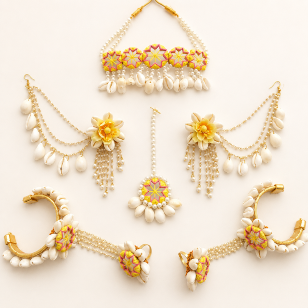 Pink Yellow Mirror Cowrie Bridal Jewellery Set