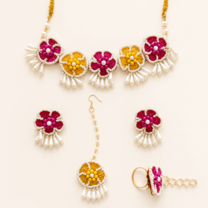 Pink Yellow Floral Pearl Jewellery Set