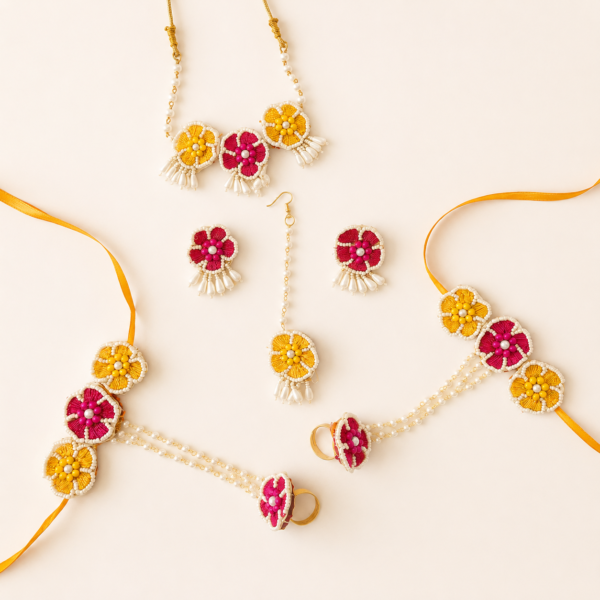 Pink Yellow Handmade Floral Jewellery Set
