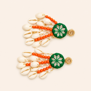 Orange Green Cowrie Shell Earrings
