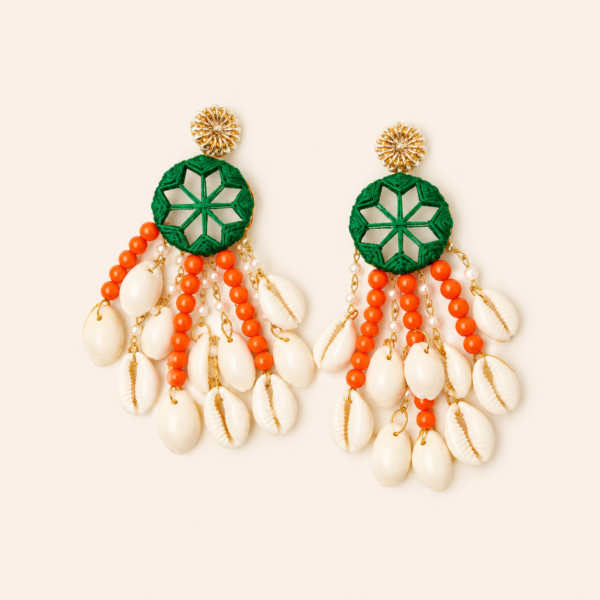 Orange Green Cowrie Shell Earrings