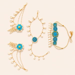 Aqua Blue Cowrie Shell Floral Jewellery Set