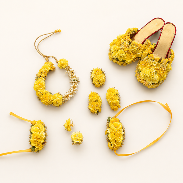 Yellow Haldi Floral Jewellery Set With Jutti