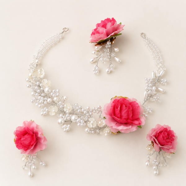 Pink Rose Pearl Floral Jewellery Set