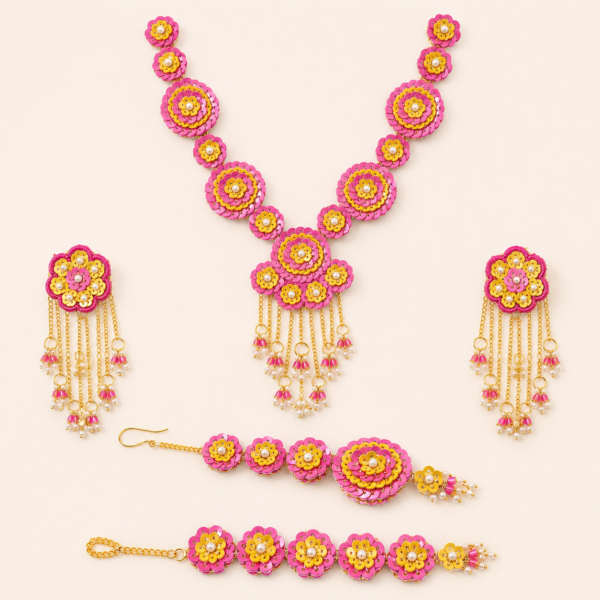 Pink Yellow Floral Bridal Jewellery Set