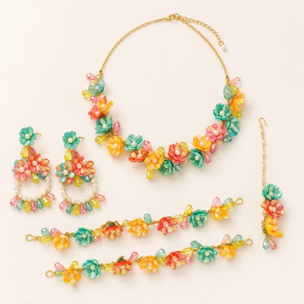 Pastel Aqua Yellow Floral Jewellery Set