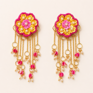 Pink Yellow Floral Chain Earrings