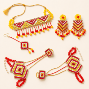 Red Yellow Geometric Beaded Jewellery Set