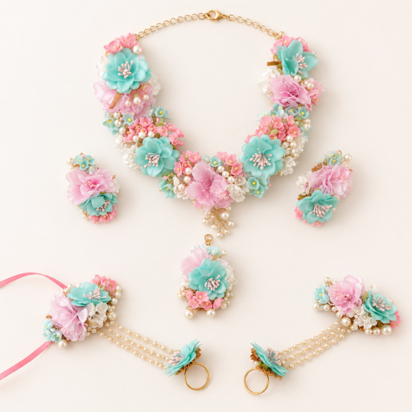 Aqua Pink Premium Floral Bridal Jewellery Set