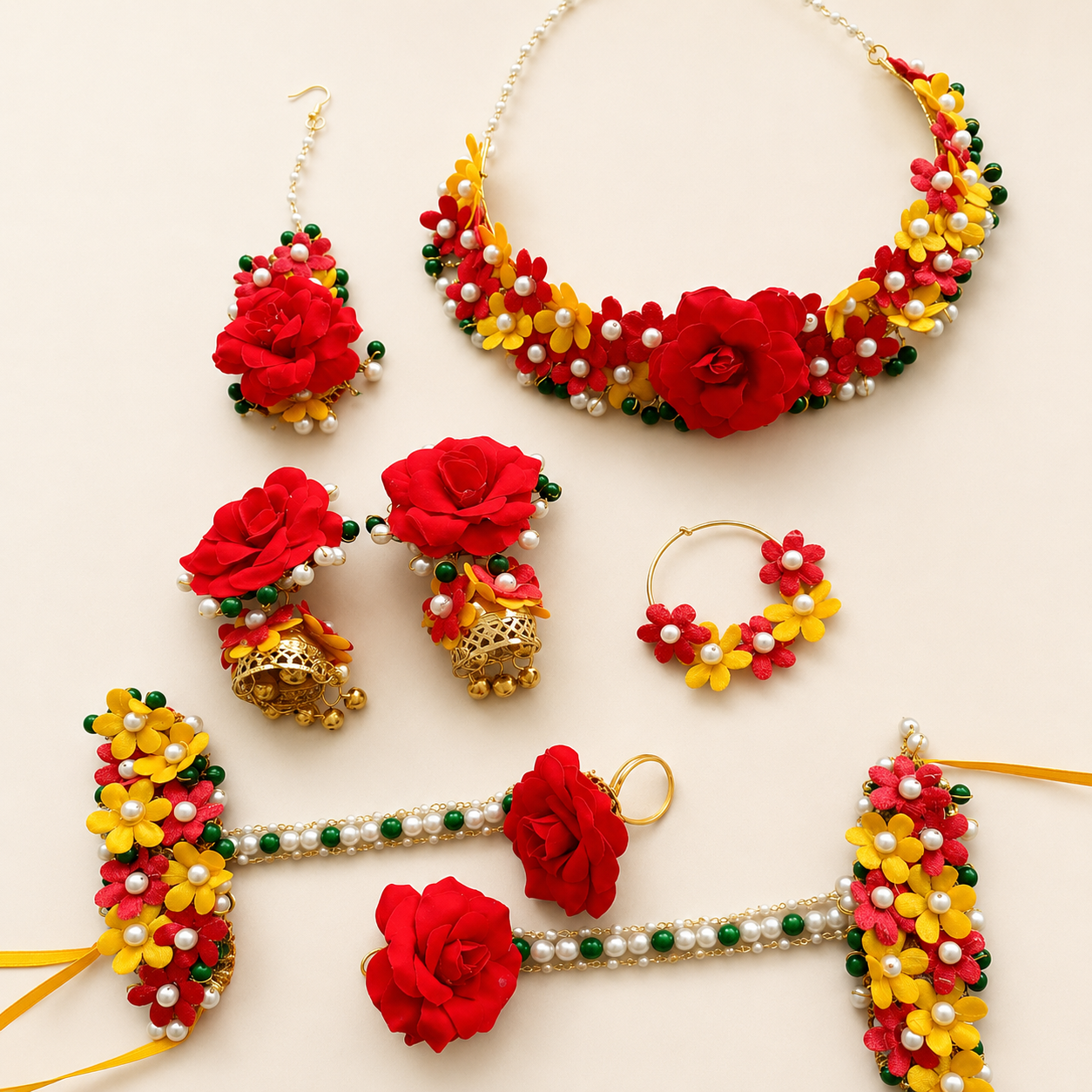 Red Yellow Traditional Floral Jewellery Set