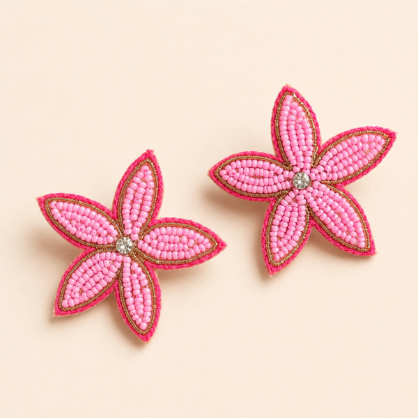 Hot Pink Beaded Flower Earrings