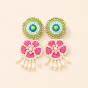 Green Pink Pearl Drop Earrings