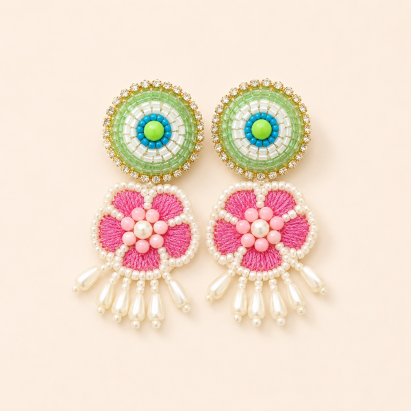 Green Pink Pearl Drop Earrings