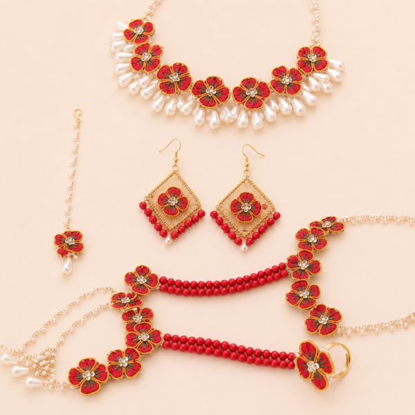 Red Floral Pearl Bridal Jewellery Set