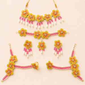 Yellow Pink Floral Gota Patti Jewellery Set