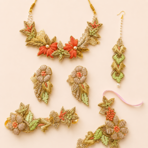 Orange Green Floral Gota Patti Jewellery Set