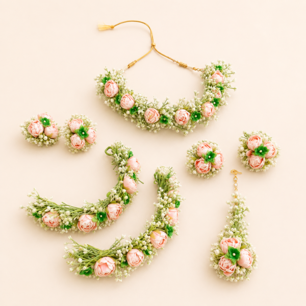 Peach Rose Floral Haldi Jewellery Set