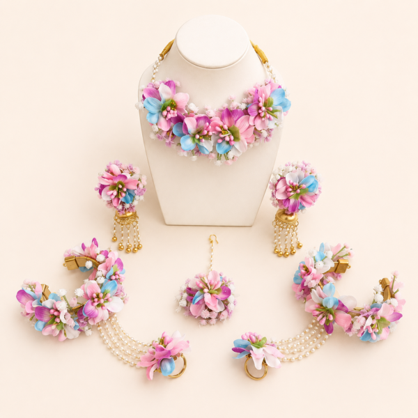 Pastel Pink Blue Floral Bridal Jewellery Set