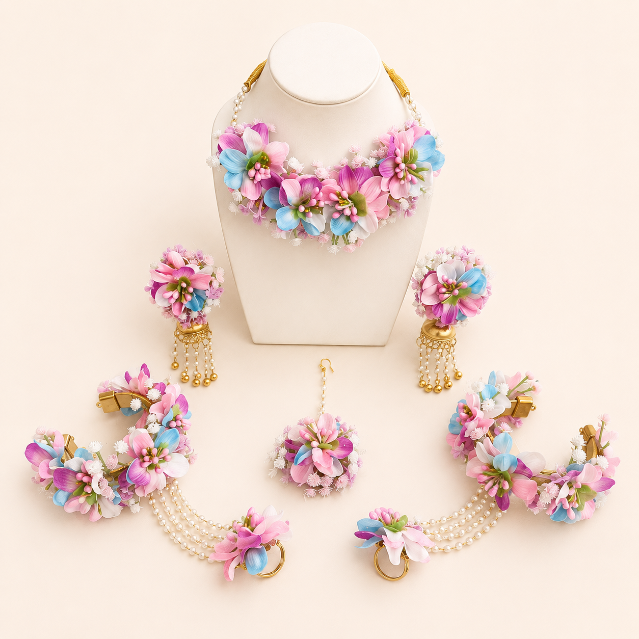 Pastel Pink Blue Floral Bridal Jewellery Set