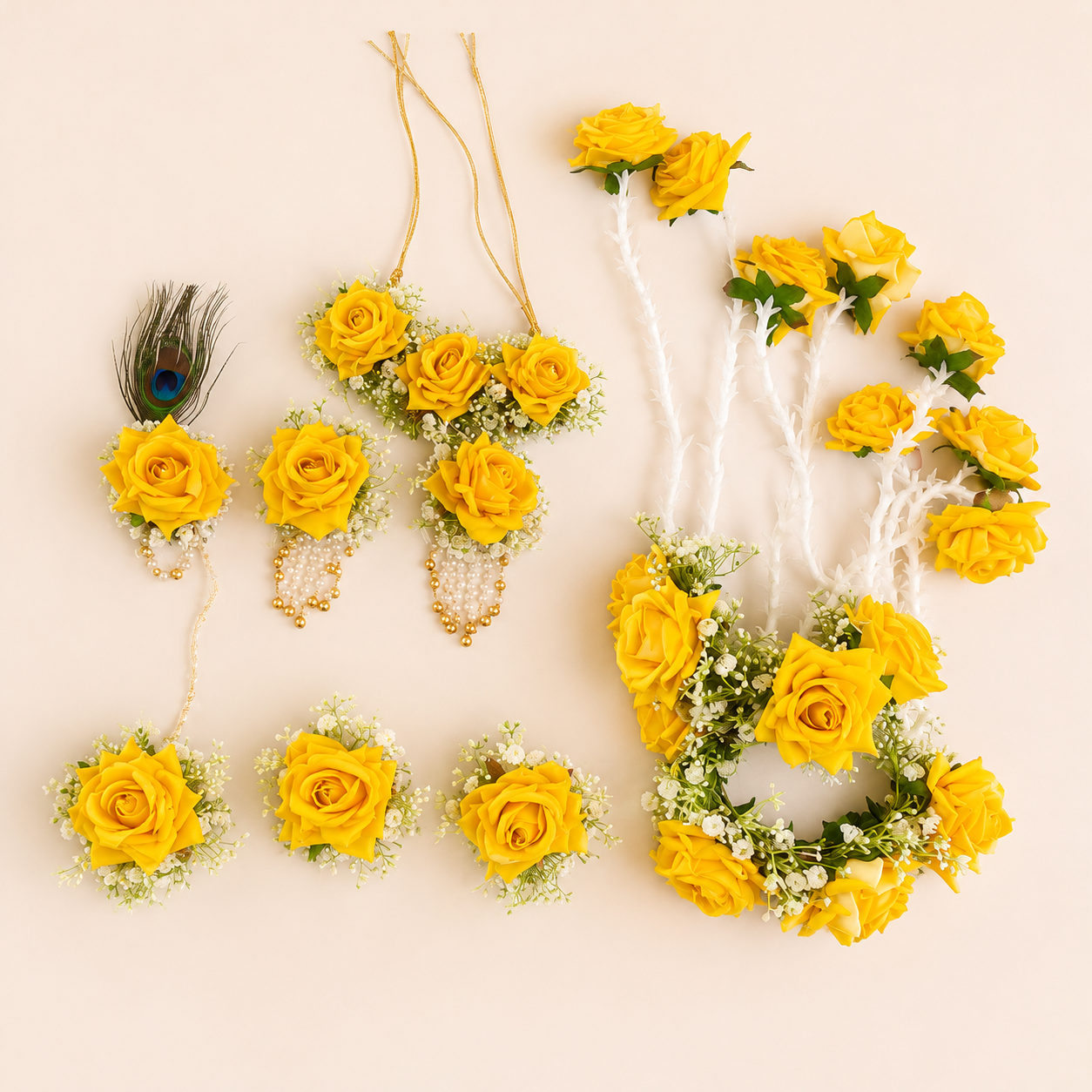 Yellow Rose Peacock Floral Jewellery Set