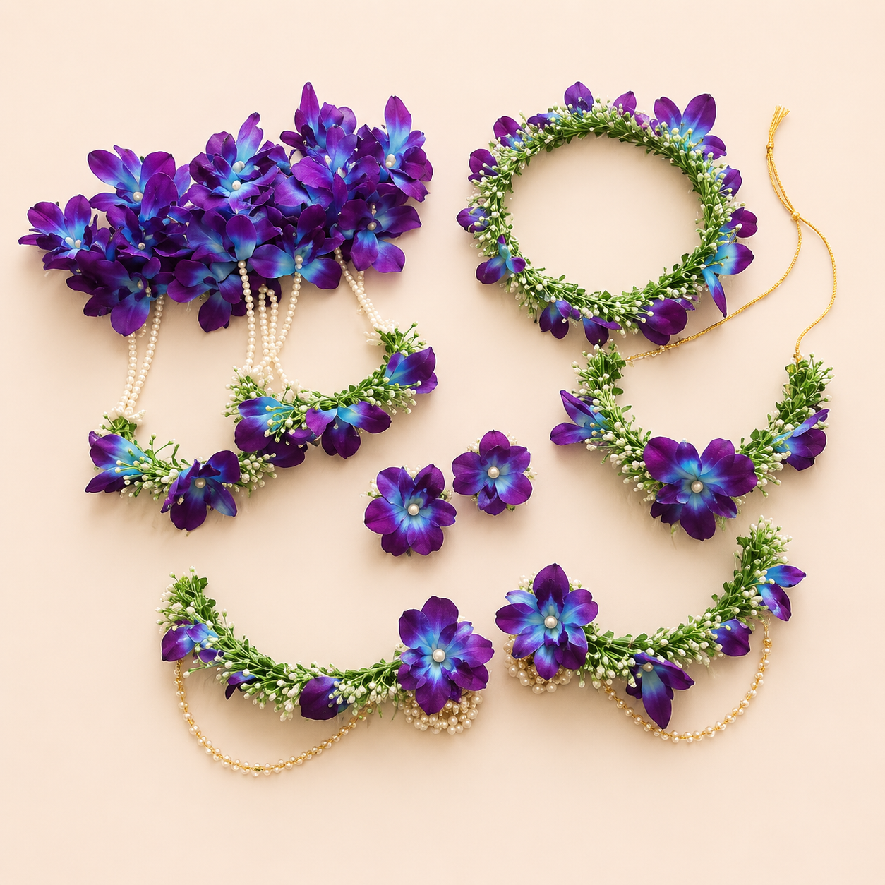 Purple Blue Orchid Floral Jewellery Set