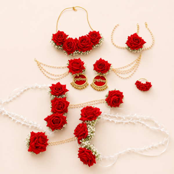 Red Rose Bridal Floral Jewellery Set