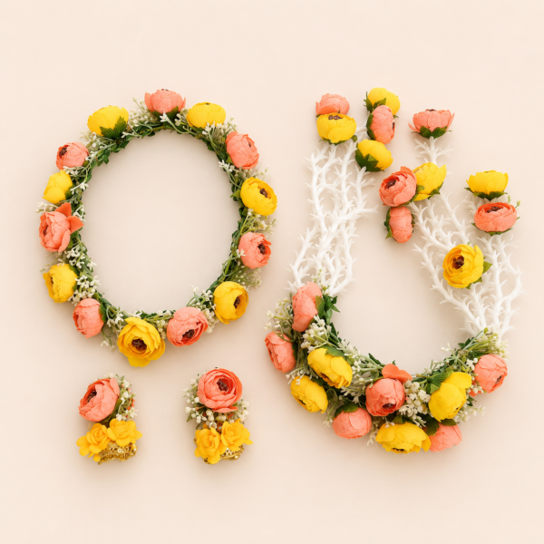 Peach Yellow Floral Kalire Jewellery Set