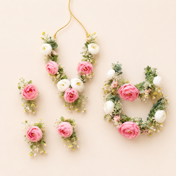 Pink White Rose Floral Jewellery Set