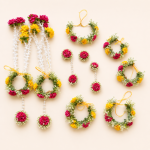 Pink Yellow Floral Kalire Jewellery Set