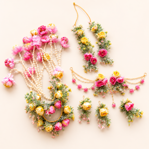 Pink Yellow Floral Pearl Bridal Set