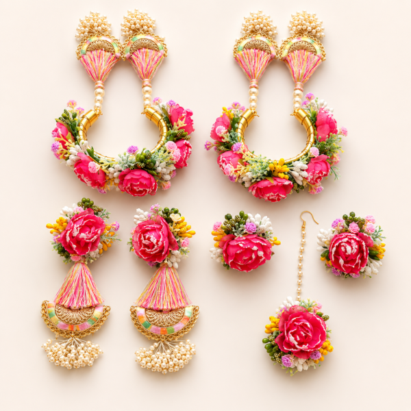Pink Floral Tassel Bridal Jewellery Set