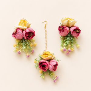 Pink Yellow Floral Earring & Maang Tikka Set