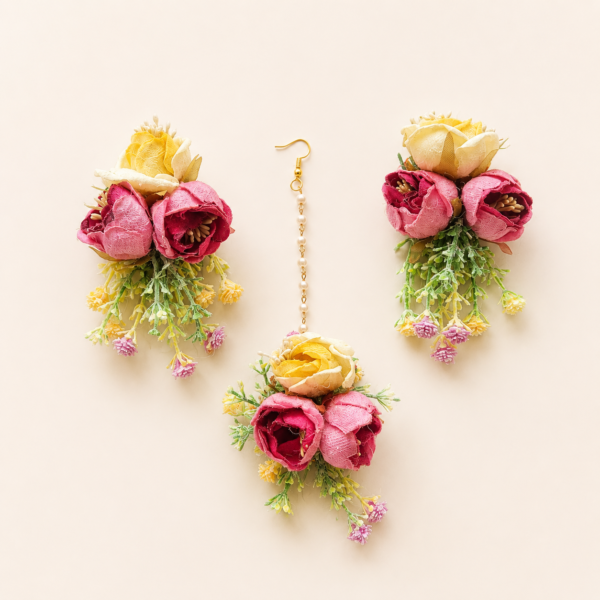 Pink Yellow Floral Earring & Maang Tikka Set