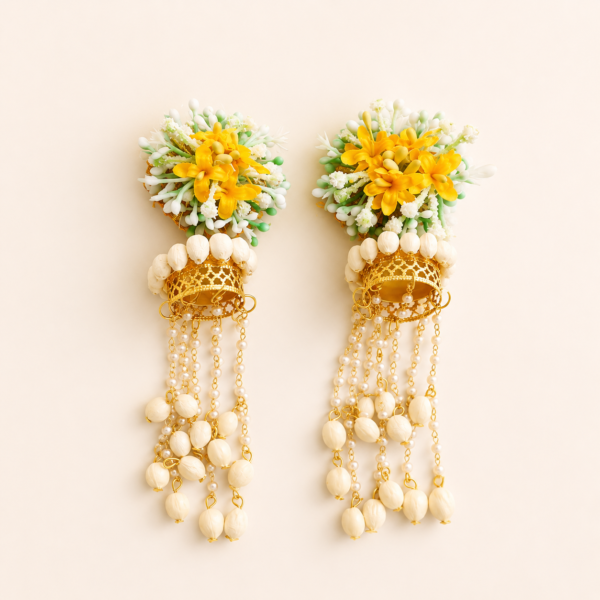 Yellow White Pearl Floral Earring Pair